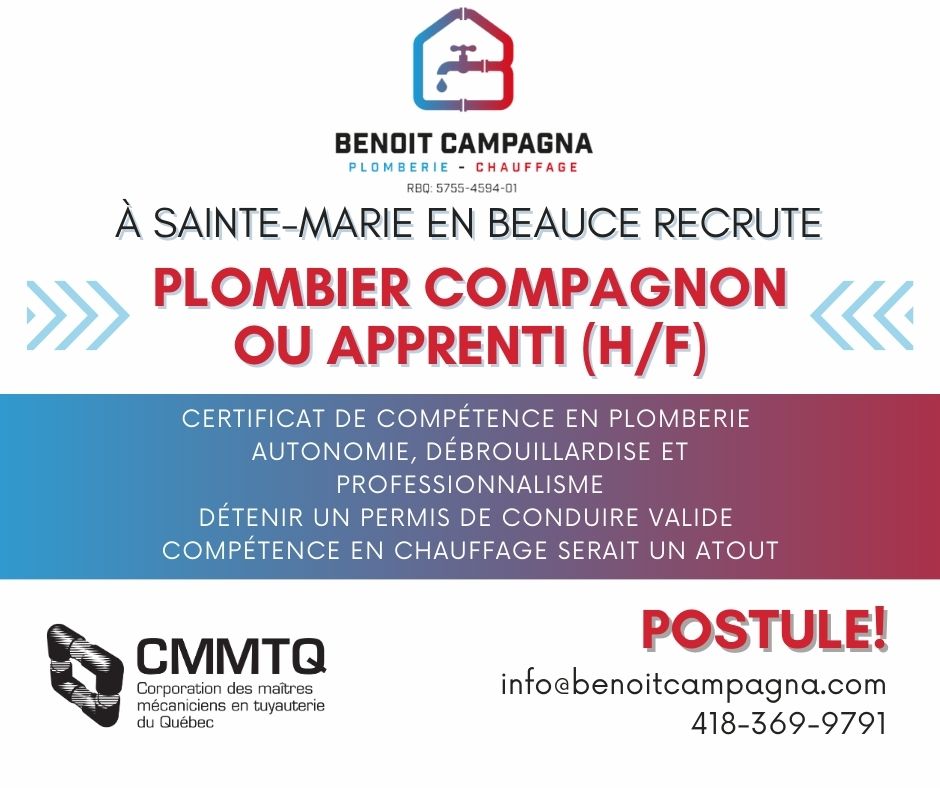 Emploi plombier compagnon ou apprenti (H/F) 